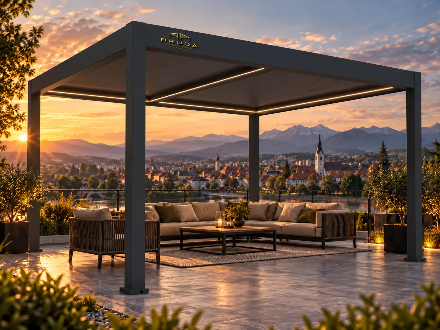 Motorised BRUDA B4 bioclimatic pergola with official BRUDA logo in a Slovenian setting