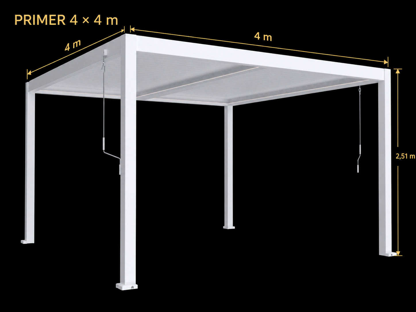 Dimensioned example of the BRUDA BM 4 × 4 m pergola with a height of 2.51 m