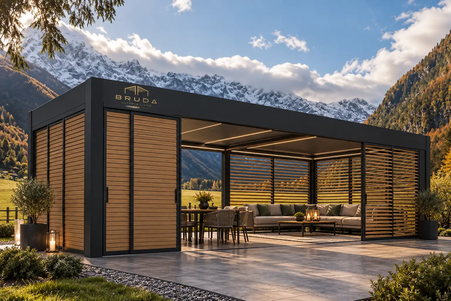 BRUDA pergola with Teak-finish BRUDA Stella aluminium louvre systems in an Alpine setting