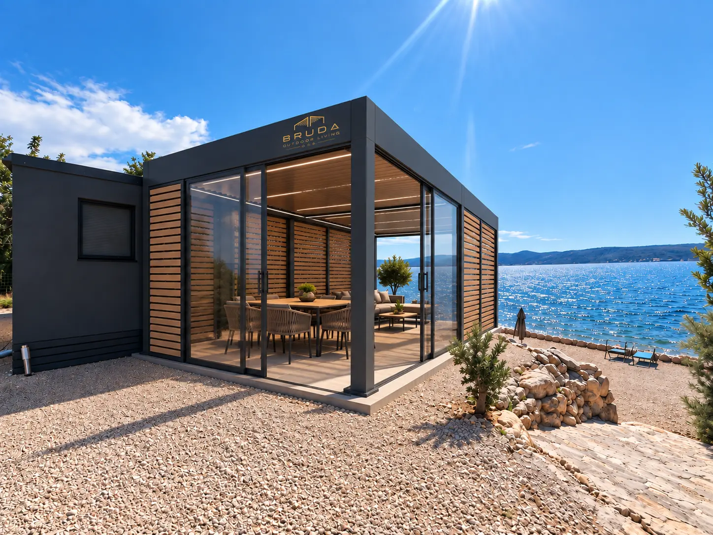 BRUDA pergola with glazing and timber-look walls by the sea